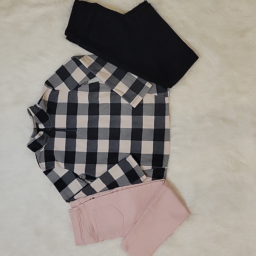 Gymboree Girls Pink Black Fleece Plaid Pullover, Black Jean, Pink Jean Size 7-8